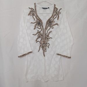 Sulu Size 6 White Embroidered Beaded Tunic Top Sheer 3/4 Sleeve Boho Chic